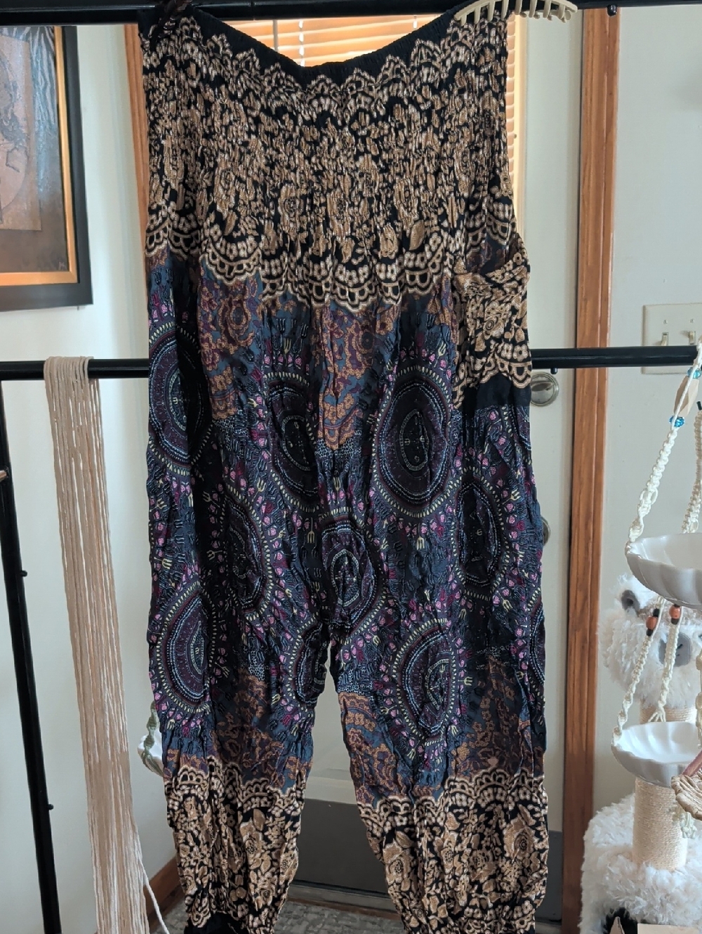Boho Printed Smocked Waist Harem Pants - Black Multicolor